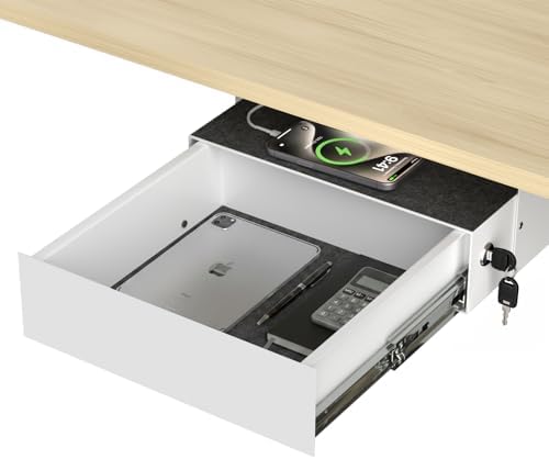 Under Desk Drawer Slide Out, Lockable Steel Drawer,13.8",White