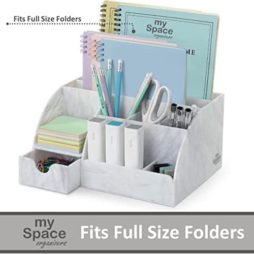 My Space Organizers Marble Desk Organizer For Office Supplies And Accessories - 9 Sections - Pencil Pen Holder Storage - Desktop Organization Decor Essentials (White Grey Marble)