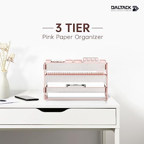 DALTACK 3 Tier Letter Tray Paper Organizer with Sliding Mesh Trays Pink