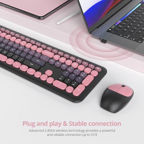 Surmen Black Pink Keyboard and Mouse Wireless Quiet, Full-Size Girly Slient Keyboard Retro Typewriter Low-Noise 2.4GHz for Computer, Desktop, Laptop (110-Heimei Pink)