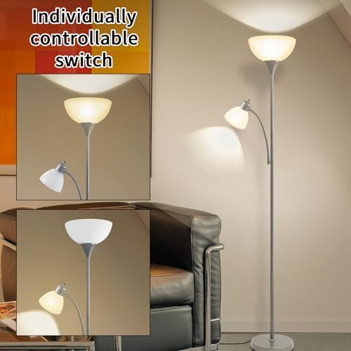 HonoDing Adjustable Silver Floor Lamp with Reading Light Susan Modern Standing Lamps for Living Room/Office Lamp 72" Tall - 150-watt with Side Reading Light Corner Lamps (Silver)