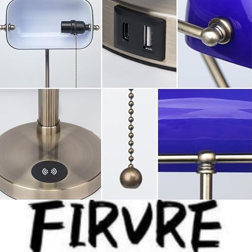 FIRVRE Bankers Lamp with2 USB and Wireless Charging Port，Pull Chain Switch Blue Glass Desk Lamp， E26 Base,Traditional Library Desk Lamps for Home Office,Bedroom,Piano
