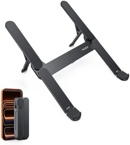SODI Ultra Compact Foldable Laptop Stand - Portable Laptop Holder for Desk & Travel Use, Ergonomic Aluminum Computer Holder with Adjustable Height for MacBook, Tablet 10-16" (Dark Black, Bi-Fold)