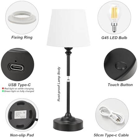 Kakanuo Cordless Table Lamp Rechargeable Black - 1 Pack 4000mAH Battery Operated Lamp for Decor, 3000K Stepless Dimming Touch Control Wireless Lamp for Bedroom, Dining Table, Kitchen, Living Room