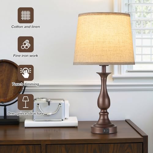Bedside Table Lamp Touch Control Bedroom Lamps with USB A + C Charging Port 3 Way Dimmable Touch Lamps for Nightstand Living Room Bedroom Dorm Home Office Reading, Set of 2 (Beige Shade & Brown Base)