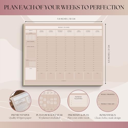 Weekly Hourly Planner Notepad, Daily Planner Desk Pad, Weekly Schedule, To Do List Note Pad, ADHD Planner | 50 Undated Tear Away Sheets | A4 (Lux)