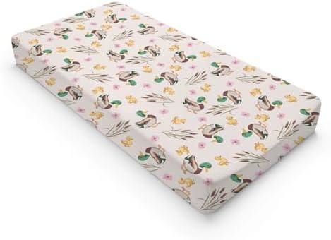 Cartoon Mallard Duck Flowers Floral Leaves Baby Changing Pad Cover, Unisex Duck Nursery Diaper Changing Table Pad Mat Sheet for Boys Girls-16x32