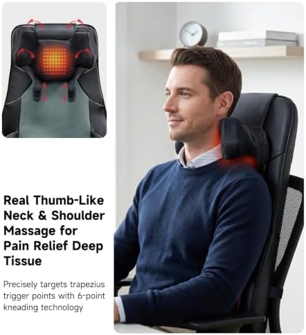 Flekzo Shiatsu Back Massager Chair Pad with 4-Zone Heat, Deep Tissue Kneading & Rolling, 6-Point Finger-Grip Neck & Back Massage, Adjustable Height, Office Chair & Recliner Seat Cushion, Black