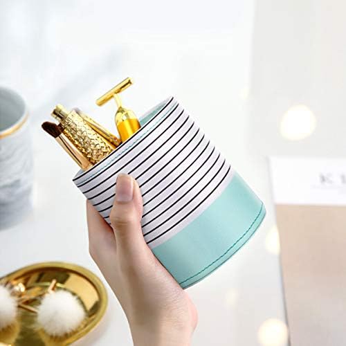 Pen Holder, Pencil Cup Pot Desk Organizer Multi Purpose Use Cute for Adults Kids Luxury Leather Makeup Brush Holder for Home, Office, Classroom, Stripes Mint Green