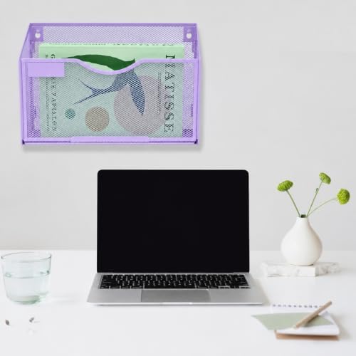 1 Pocket Mesh Wall File Holder Organizer Office Hanging File Folder Magazine Rack, Nametag Label Hooks Set Included (Purple)