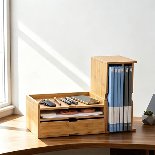 Bamboo Desk File Organizer, Stackable A4 Paper Tray Mail Holder for Office