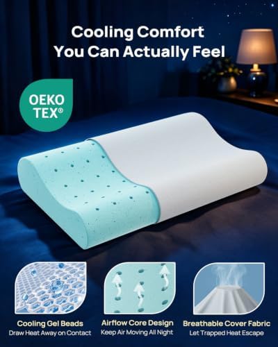 Releep Gel Memory Foam Pillow, Wave Contour Neck Support Pillow, Cooling Cervical Neck Pillow with Airflow Holes, Ergonomic Orthopedic Pillow for Side and Back Sleepers
