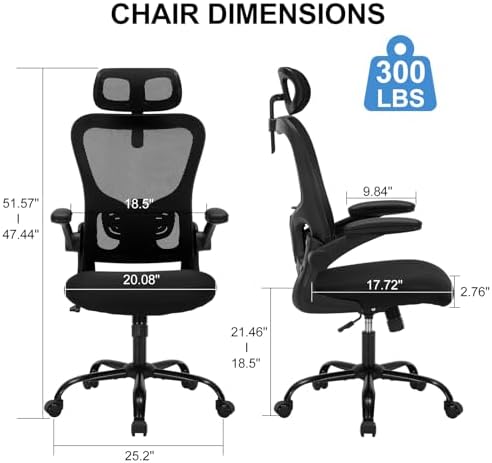 Office Chair Ergonomic Desk Chair High Back Mesh Computer Chair with Adjustable Lumbar Support & Headrest, Flip-Up Armrests, 300lbs Capacity 360 Swivel Chair for Home Office, Black