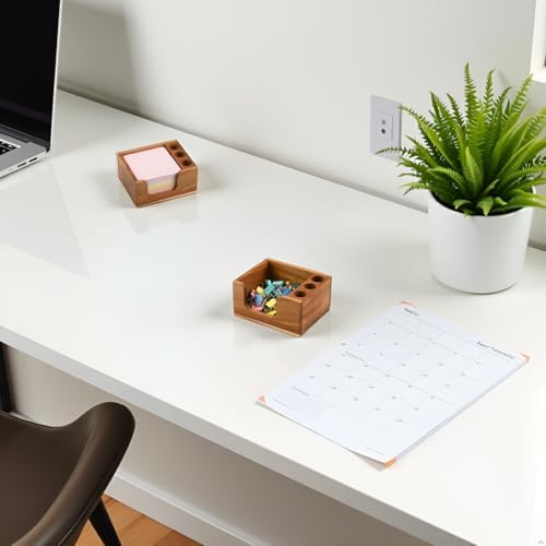 Acacia Wood Sticky Note Holder with 3 Pen Holders, 3x3 Post It Note Dispenser with Anti-Slip Pads, All-in-One Wooden Desk Organizer for Office Home School (4.0“x3.5"x2")