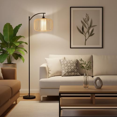 LALISU Standing Floor Lamp for Living Room, Linen Shade Floor Lamp, Brown