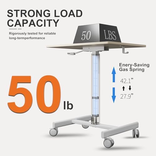 Mobile Desk on Wheels, Pneumatic Height Adjustable, Maple+White