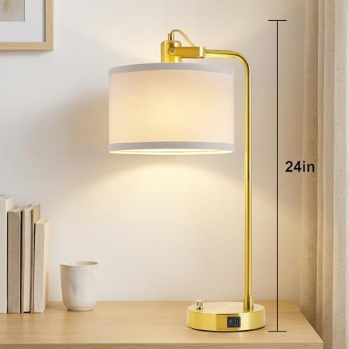 Gold Table Lamp Set of 2, USB A+C, 180° Adjustable Bedside Lamps, Dimmable