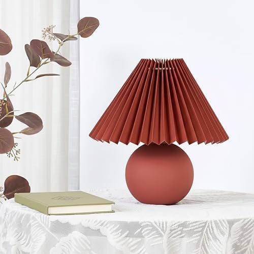 Brightech Serena LED Table Lamp - Small 10" Modern Ceramic Lamp with Pleated Shade for Bedside, Nightstand, Desk - Mini Night Light with Cozy Soft White Light for Living Room, Bedroom - Maroon Red
