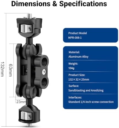 Dual Ball Heads Magic Arm Camera Monitor Mount 1/4"-20