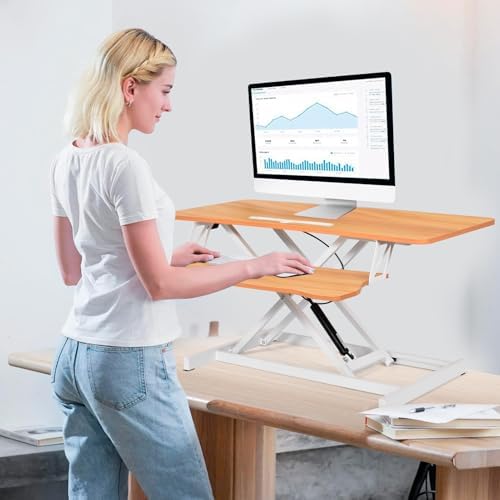 38" Desk Converter, Height Adjustable Sit to Stand Riser, 2 Monitor and Laptop Workstation with Wide Keyboard Tray, Stand Up Home Office Workstation - Rising Desk with Spring Loaded Lift, Log Color