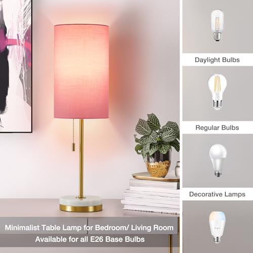 Luvkczc Minimalist Table Lamp Set of 2, Nightstand Lamp for Bedroom Living Room, Modern Pull Chain Bedside Lamp with Marble Base, Fabric Shade, Small Desk Lamp for Home, Office, Reading,Pink