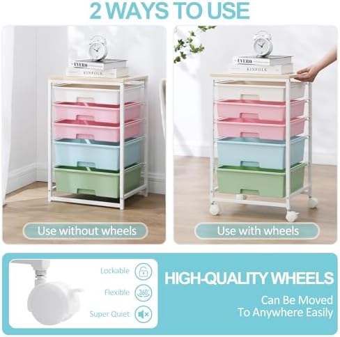 SYKIARIOL Utility Cart with 5 Drawers with Wooden Top, Rainbow
