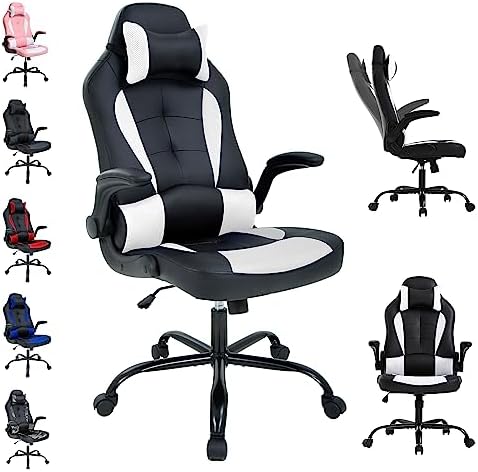 High Back PU Leather Office & Gaming Racing Chair - Comfortable & Heavy Duty - Headrest & Lumbar Support - Height Adjustable - Big & Tall Size - White