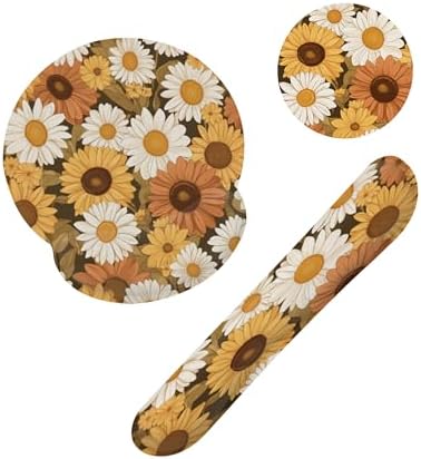 Vintage Daisy Sunflower Mouse Pad with Wrist Rest and Keyboard Wrist Rest Set, Non-Slip Rubber Base Memory Foam Mouse Pad Set for Women, Office Desk Accessories, Gaming