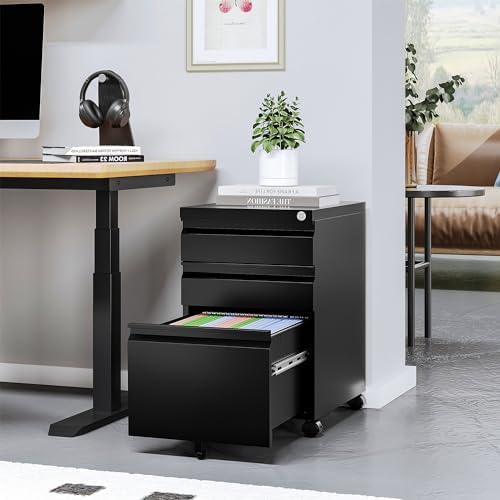 STANI 25" H 3 Drawer Mobile File Cabinet with Lock, Under Desk Metal Filing Cabinet, Locking Office Mobile Cabinet with Wheels, Letters/Legal/A4(Assembly Required Black)