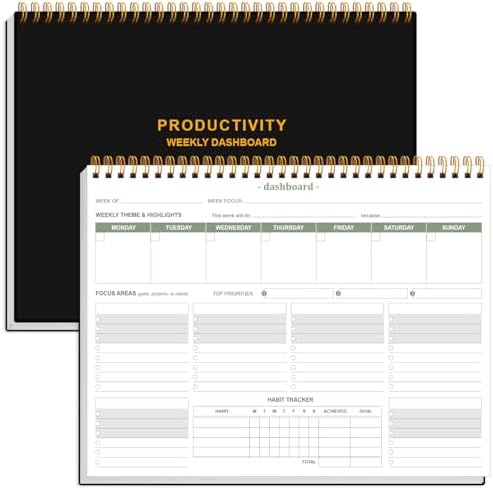 Weekly Productivity Dashboard - 8.5" x 11" Dashboard Desk Notepad Has 6 Focus Areas to List Tasks for Goals, Projects, Clients, Academic or Meal-Organize Your Daily Work Efficiently, 54 Weeks, Black