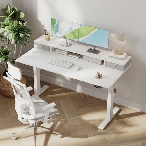 Klicelor 48 x23 Inch Electric Standing Desk with Drawers, Adjustable Height Small Sit Stand Desk for Home Office, Compact Computer Workstation with Storage– White
