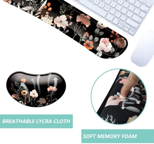 Keyboard Wrist Rest Mouse Wrist Support Set, Memory Foam Wrist Rest Pad for Computer Laptop Keyboard Mouse, Ergonomic Wrist Cushion Support for Typing Pain Relief, Gaming Home Office, Flower Black