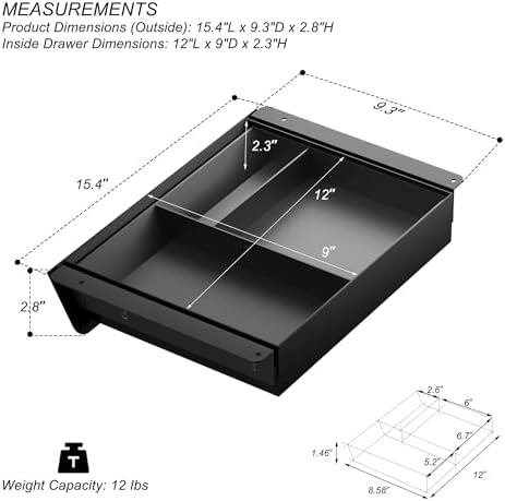 Under Desk Drawer with Removable Tray, 15.4" Wide 2-in-1 Organizer – 60° Ergonomic Tilt, 4-Compartment Insert for Pens, Phones & Cables, Ball Bearing Slides, for Home Office & Student Desk