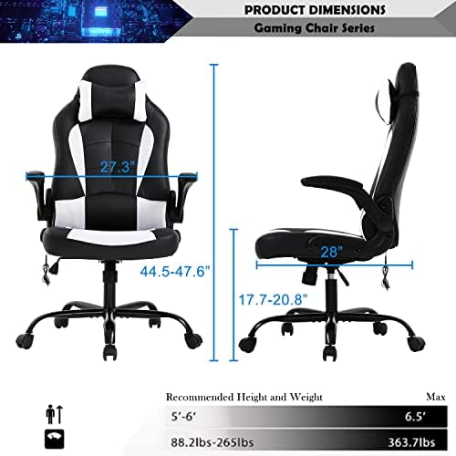 Massage Gaming Chair, PU Leather Gaming Chairs for Adults, Comfy Office Chair Ergonomic Desk Chair Computer Chair with Flip Up Arms, Swivel Reclining Gamer Chair, Height & Backrest Adjustable, White