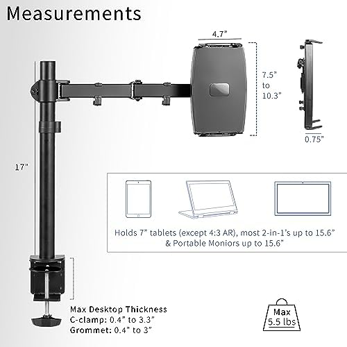 VIVO Universal Tablet Desk Mount, Single Arm Adapter for 2-in-1 Laptops, Holds up to 15.6 inch Portable Monitors Without VESA Holes, Fully Adjustable Stand, Black, STAND-V001UVM