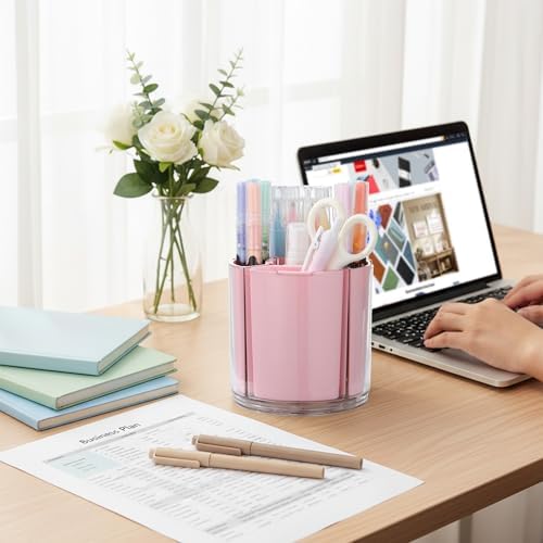 Comix 360° Rotating Pen Holder for Desk, Pink Pencil Holder with 5 Slots