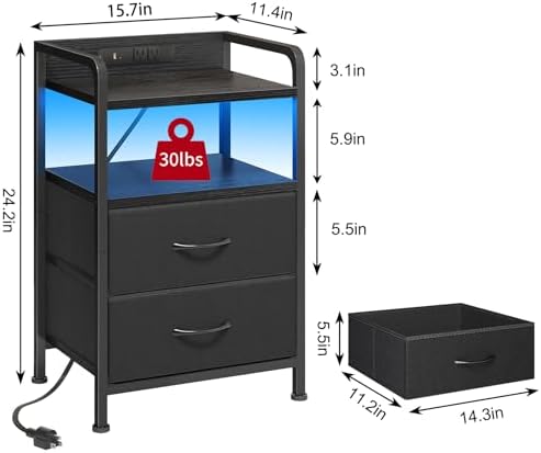 Fixwal Black Led Nightstand, Rear Charging Station, 2 Fabric Drawers