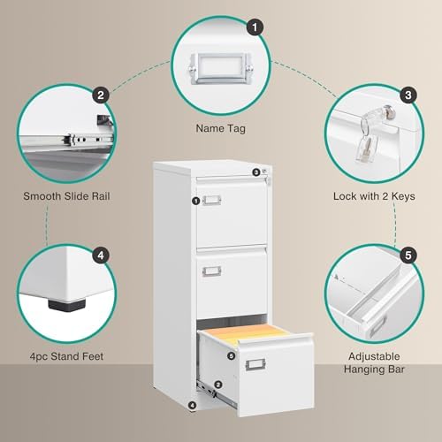 SISESOL 3 Drawer File Cabinet with Lock and Tag,Narrow Three Drawer Filing Cabinet,Vertical Metal File Cabinets,Small White Filing Cabinets for Home Office Fit Letter/A4/Legal Size File,Easy Assembly