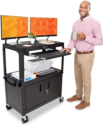 Line Leader Large AV Cart with Locking Cabinet | Height Adjustable Utility Cart with Pullout Keyboard Tray & Cord Management | UL Safety-Certified Computer Cart | Easy Assembly (32 x 18 x 42in)