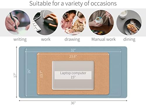 RENMTURE Dual-Sided Mouse Pad, Natural Cork & PU Leather Large Desk Pad for Office and Home Work, Desk Protector Non-Slip, Waterproof, Easy Clean (Blue Gray, 36"x17")