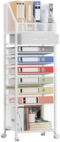 SWTYMIKI 9-Tier Rolling File Cart - Paper Organizer with Drawer and Trays, Wood Desk Office Organizer, Office Organization and Binder Storage for Workspace, Home, School, White