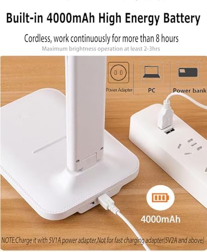 Cordless Rechargeable LED Desk Lamp with 4000mAh Battery - Ultra-Portable Lightweight Design for Home Office, Students & Kids Study - Eye-Caring Reading Light with 3 Modes & Brightness Dimmer