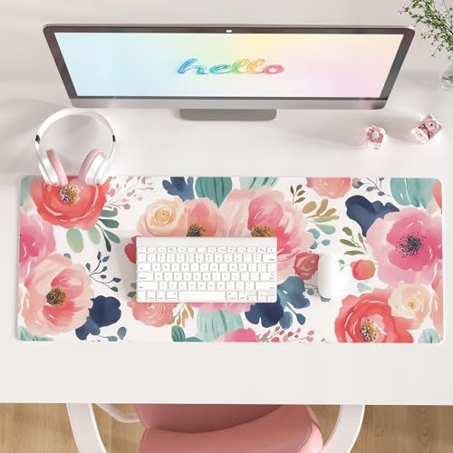 Faux Leather Large Mouse Pad, Office Desk Mat, 31.5"x11.8", Pink Floral
