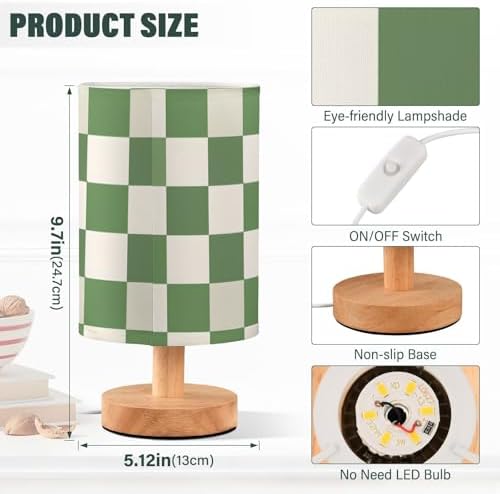 Bedside Lamp Green White Checkered Pattern Table Lamp for Bedroom LED Nightstand Lamp Shade USB Ports Wood Base for Living Room Dorm Office