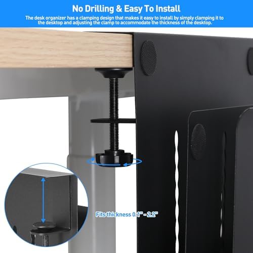 MAXECHO Desk Side Storage, Under Desk Laptop Mount, Table Side Hanging File Organizer, No Drill Clamp On Cable Management Tray, Laptop Holder with Magnetic Pen Holder for Office and Home, Load 22 Lbs