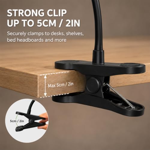 5000mAh Rechargeable Clip on Light, LED Reading Light, 3 Color Modes & Stepless Dimming, Cordless Reading Lamp with Clamp for Bed, Desk, Bedside Table, Camping