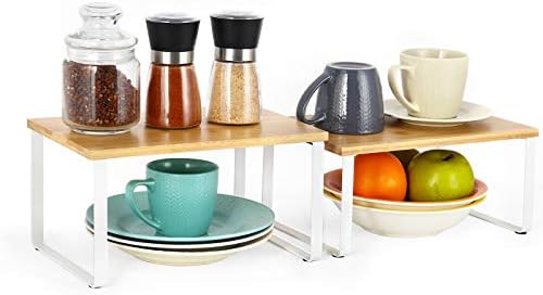 NEX Kitchen Cabinet and Counter Shelf Organizer, Stackable & Expandable, White and Natural (Pack of 2)