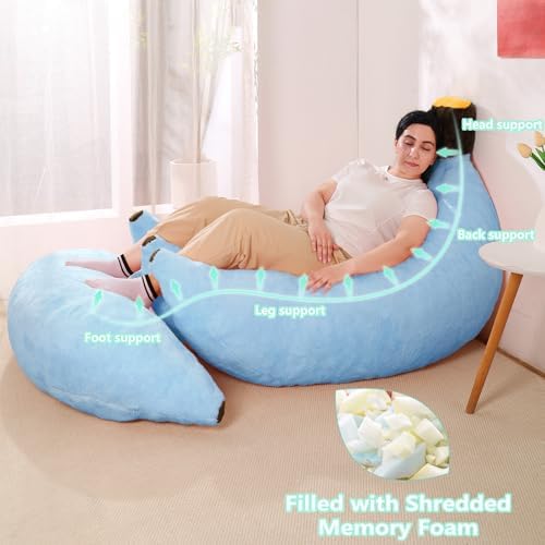 Banana Bean Bag Chair with Ottoman, Floor Sofa Bed with Footrest, Comfy Convertible Lounger for Adults, Plush Couch for Bedroom, Living Room or Dorm, L-SkyBlue