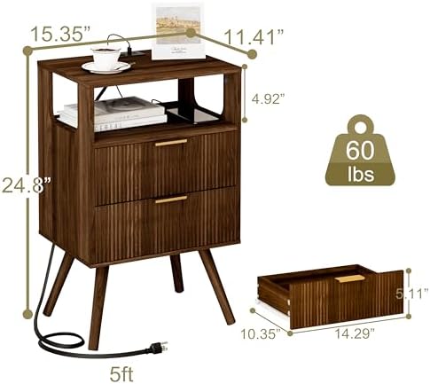 JOONEE Nightstand with Charging Station and LED Lights,Modern Bedside Table with 2 Storage Drawer and Open Wood Shelf, for Bedroom and Small Spaces,Night Stand with Solid Wood Legs,Walnut Brown