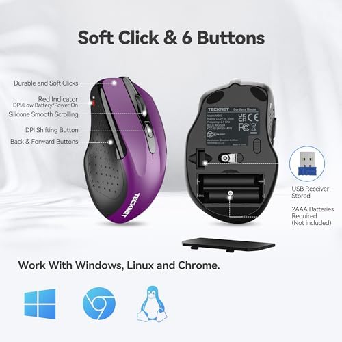 TECKNET Wireless Mouse, 2.4G Ergonomic Computer Mouse, 2600 DPI, Purple